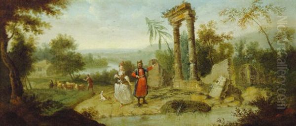 An Elegant Lady And A Turk By A Ruined Temple Oil Painting by Jean-Baptiste Leprince