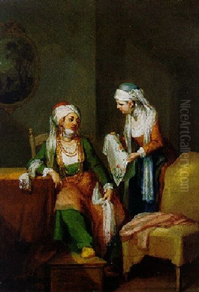 Turkish Woman And Her Servant In An Interior Oil Painting by Jean-Baptiste Leprince