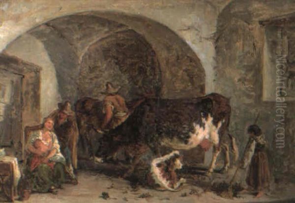 Stable Interior With A Mother, Child And Cows Oil Painting by Jean-Baptiste Leprince