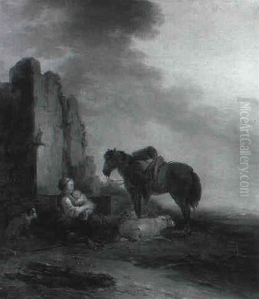 Bergere Et Son Enfant Se Reposant Pres Des Ruines Oil Painting by Jean-Baptiste Leprince