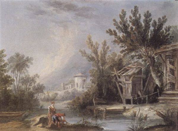 A Couple Fishing In A Wooded River Landscape Oil Painting by Jean-Baptiste Leprince