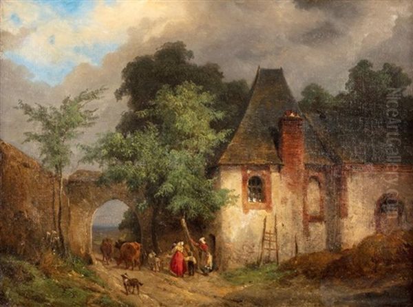 Le Troupeau Sortant De La Ferme Oil Painting by Robert Leopold Leprince