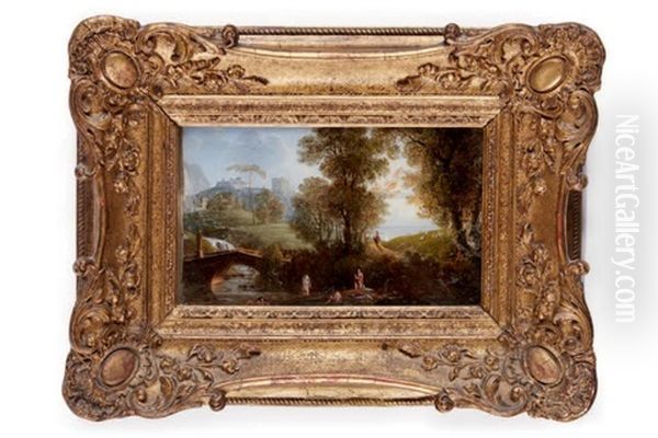 Paysage De Riviere Avec Bergers; Vue Imaginaire De Tivoli (2 Works) Oil Painting by Robert Leopold Leprince