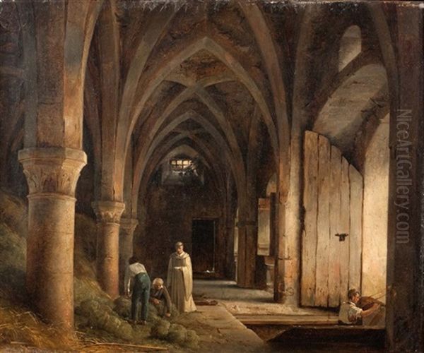 Interieur D'eglise Avec Un Jeune Homme Sortant De La Cave Oil Painting by Robert Leopold Leprince