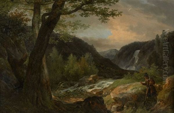 Promeneur Pres D'une Cascade Dans Un Paysage Oil Painting by Robert Leopold Leprince