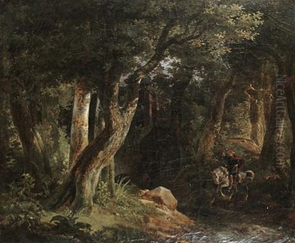 A King Crossing A Woodland Stream Oil Painting by Robert Leopold Leprince