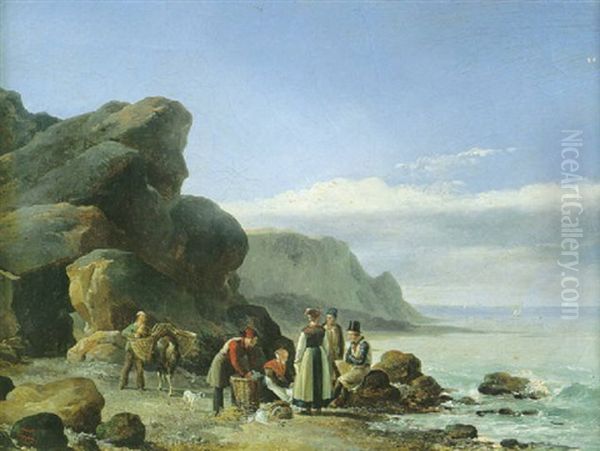 L'aubergiste Achetant Ses Poissons Aux Pecheurs Sur La Plage Oil Painting by Robert Leopold Leprince