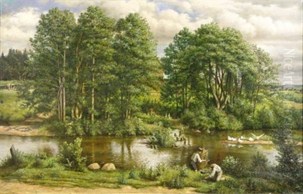 Idyllischer Sommertag. Zwei Knaben Am Ufer Eines Flusarmes, Fischnetze Einholend Oil Painting by Edward Lepszy