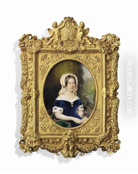 Marie-caroline (1798-1870) Duchesse De Berry, Nee Princess Caroline Of Naples And Sicily, Seated On Fur-bordered Green Drape, In Royal Blue Velvet Dress With Ermine-trimmed Sleeves Oil Painting by Hippolyte Joseph Lequeutre