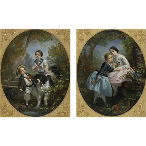 Children At Play (+ Another; Pair) Oil Painting by Prudent Louis Leray