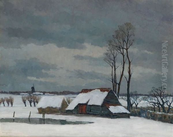 Paysage Hivernal Avec Grange Oil Painting by Karel Van Lerberghe