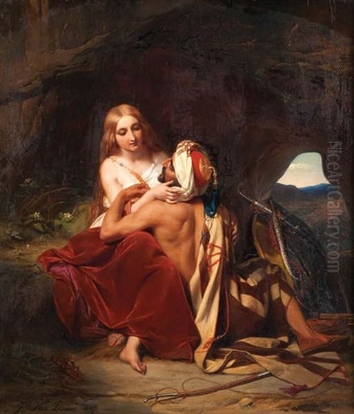 Scene D'amour Orientale Oil Painting by Joseph Henri Francois Van Lerius