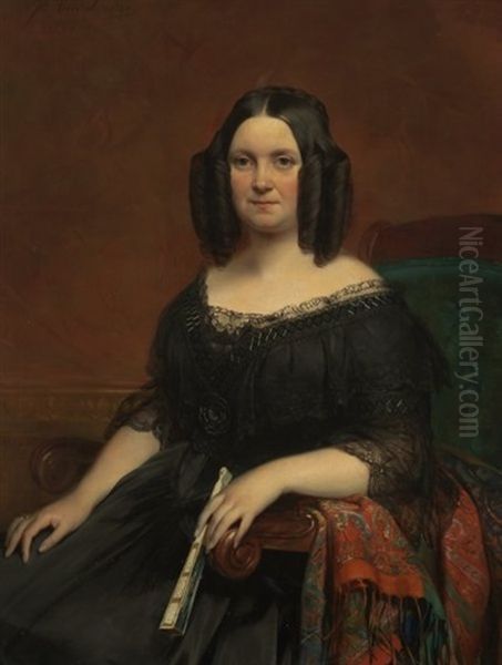 Portrait Einer Dame In Schwarzer Krinoline, Mit Zapfenlocken Und In Ihrer Linken Einen Facher Haltend Oil Painting by Joseph Henri Francois Van Lerius