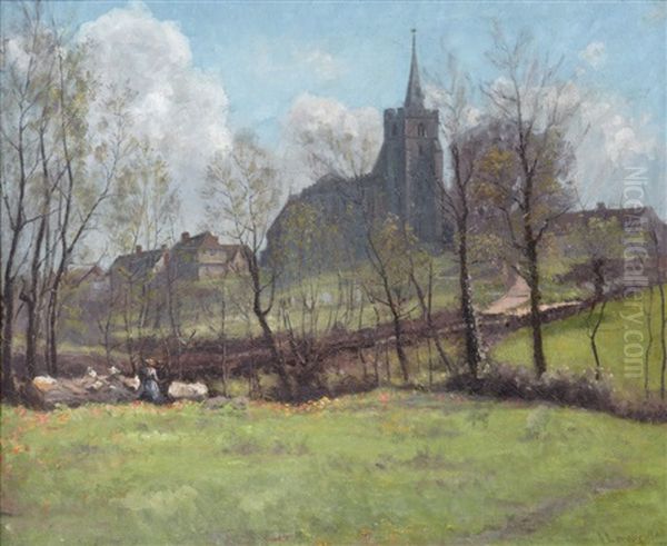 Paysage Aux Personnages Et A L'eglise Oil Painting by Henry Lerolle