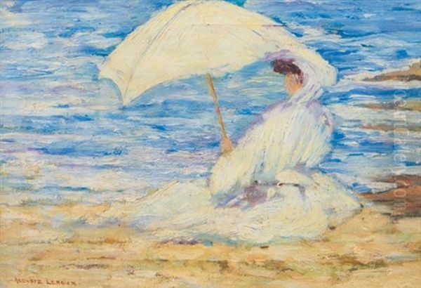 Lady With A Parasol By Seaside Oil Painting by Auguste Leroux