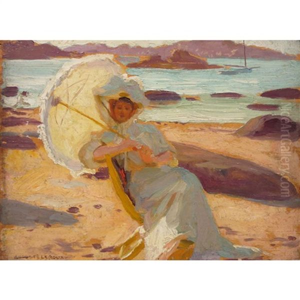 Elegant Lady With A Parasol On The Beach Oil Painting by Auguste Leroux