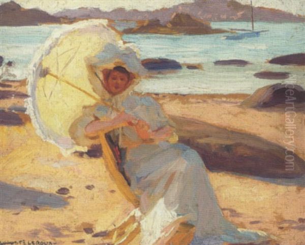 Dame I Hvid Kjole Med Parasol Pa Stranden I St. Brieue Oil Painting by Auguste Leroux