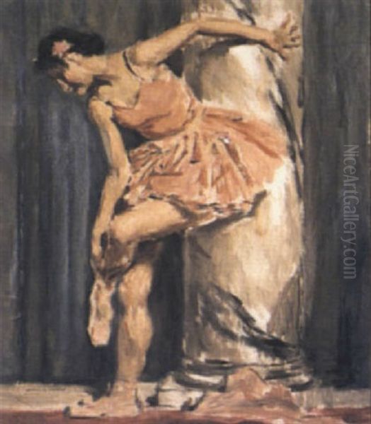 Ballerine Se Chaussant Oil Painting by Auguste Leroux