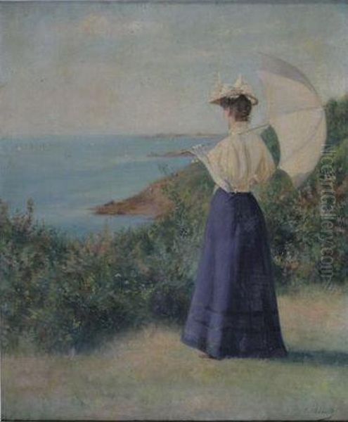 Jeune Femme A L'ombrelle Regardant La Mer Oil Painting by Henri Benard