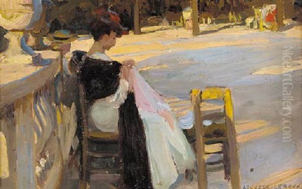 A Young Lady Sewing In A Sunlit Park Oil Painting by Auguste Leroux