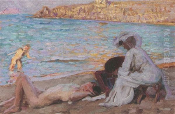 On The Beach Oil Painting by Auguste Leroux