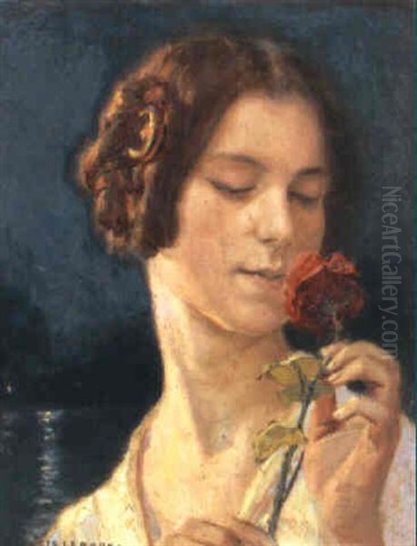 Jeune Femme A La Rose Oil Painting by Auguste Leroux