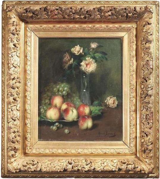 Still Life With Peaches, Grapes And White Roses In A Vase Oil Painting by Henri Benard