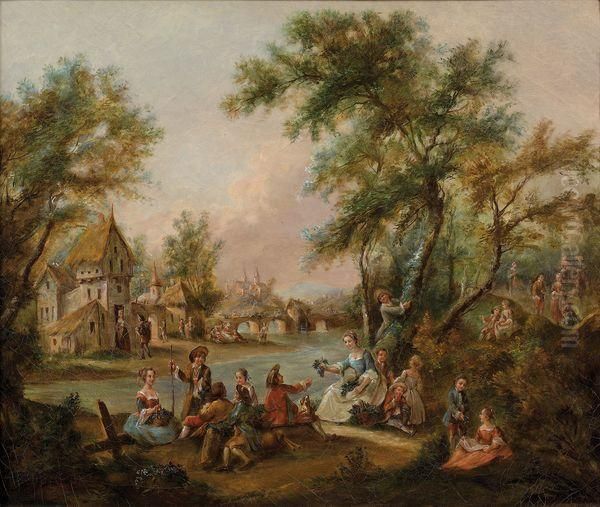 Paysage Champetre Anime De Personnages Oil Painting by Jean Benard