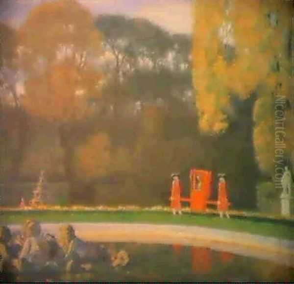 Chaise A Porteur Au Parc Oil Painting by Auguste Leroux