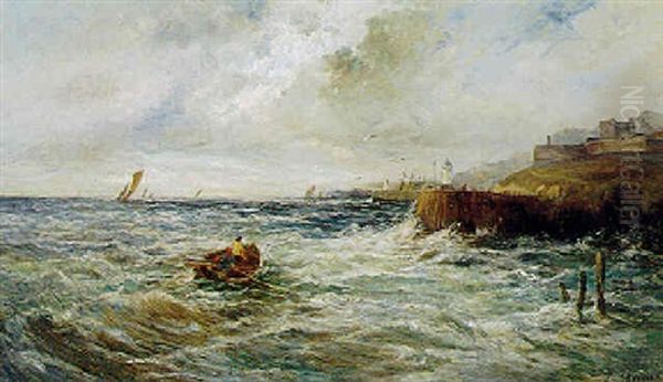 Marine Med Sejlskibe Og Fiskebad Ud For Klippekyst by Louis Eugene Leroux