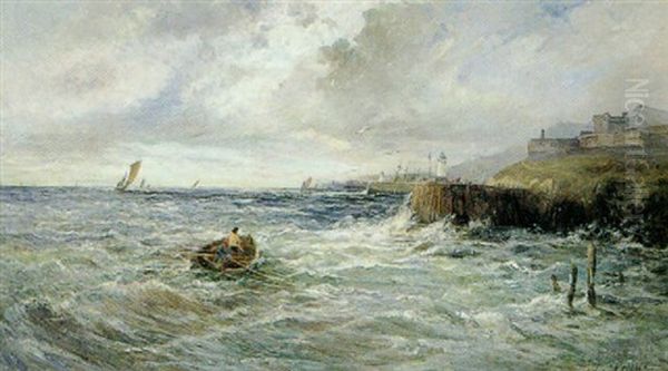 Kystparti, En Robad Kaemper Sig Gennem Braeandingen Mod En Havn Oil Painting by Louis Eugene Leroux