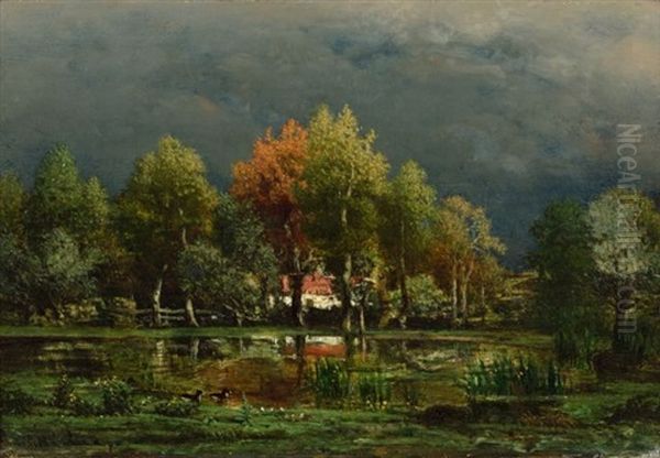 Maison Entouree D'arbres Au Bord D'un Etang Oil Painting by Marie Guillaume Charles Leroux