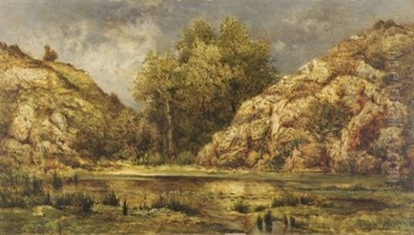 Arbres Et Rochers Au Dessus De L'etang Oil Painting by Marie Guillaume Charles Leroux