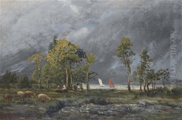 Voiliers Sur L'estuaire De La Loire Oil Painting by Marie Guillaume Charles Leroux