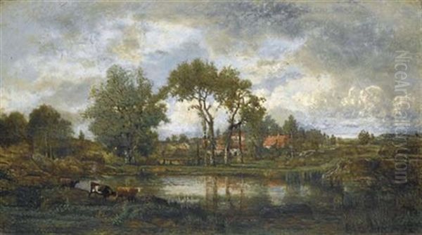 Village Pres D'une Mare Dans Les Deux-sevres Oil Painting by Marie Guillaume Charles Leroux