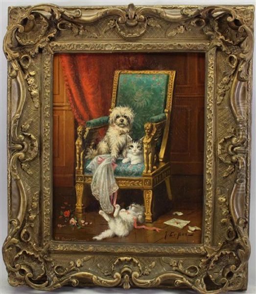 A Terrier And Kittens In An Elegant Interior Setting Oil Painting by Jules Leroy