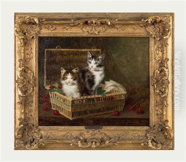 Kittens In A Basket Of Cherries Oil Painting by Jules Leroy