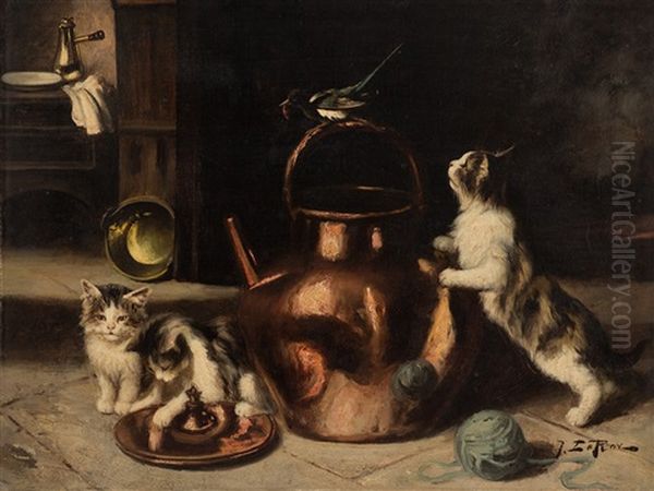 Still Life With Cats Oil Painting by Jules Leroy