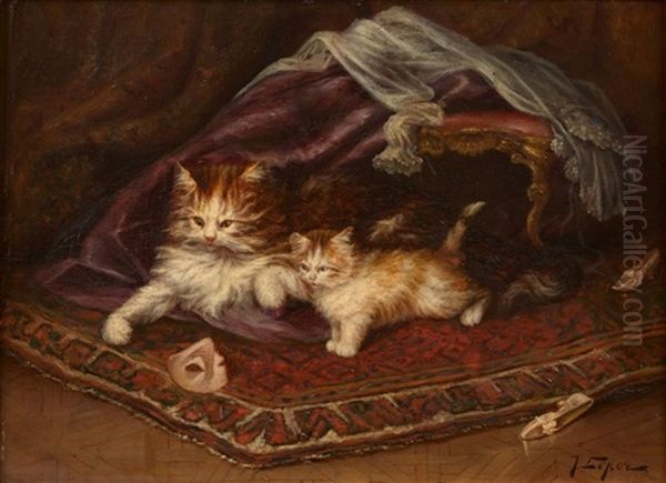 Chatte Et Son Chaton Jouant Avec Un Masque Oil Painting by Jules Leroy