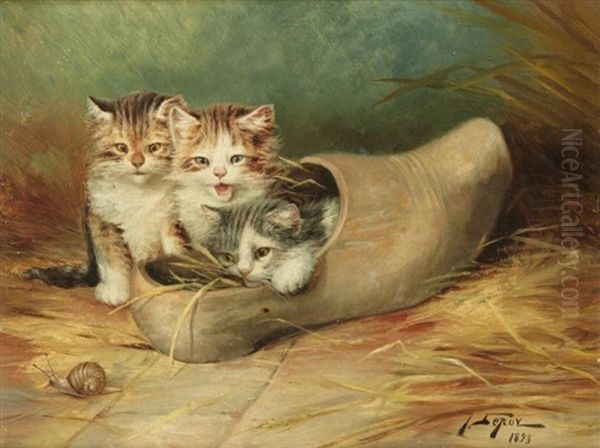 Trois Chatons Dans Un Sabot Oil Painting by Jules Leroy