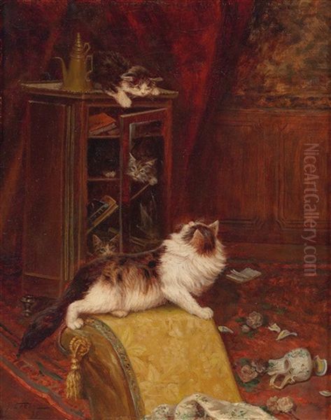 Playful Cats Oil Painting by Jules Leroy