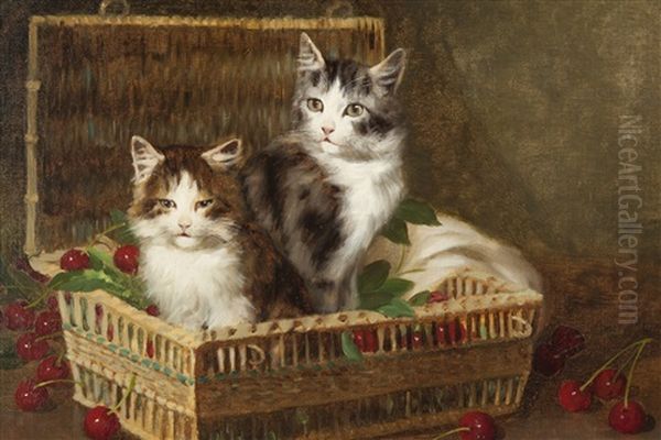 Kittens In A Basket Of Cherries Oil Painting by Jules Leroy