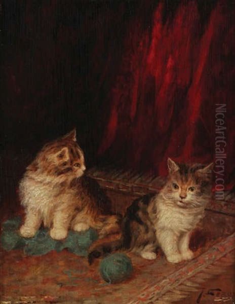 Deux Chats Avec Pelote De Laine Oil Painting by Jules Leroy