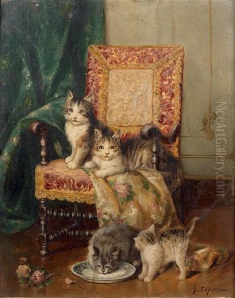 Quatre Chats Et Un Fauteuil Oil Painting by Jules Leroy