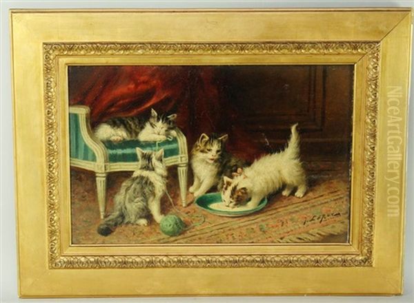 Chatons Avec Une Assiette De Lait Et Une Pelotte De Laine Oil Painting by Jules Leroy