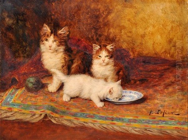 Chatons Et Assiette De Lait Oil Painting by Jules Leroy