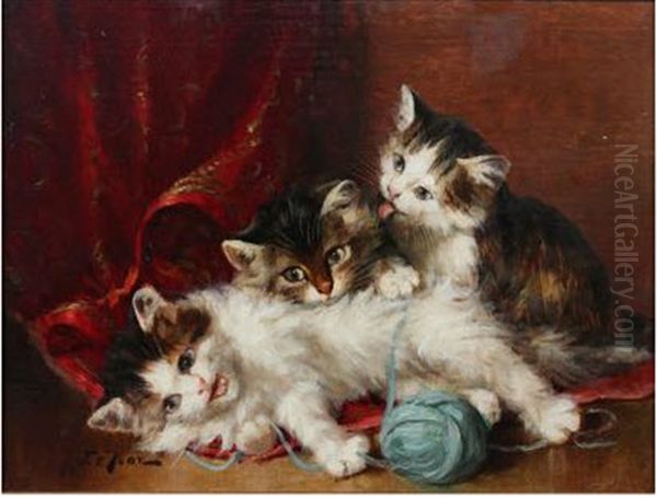 Trois Chatons Jouant Avec Une Pelote De Laine Oil Painting by Jules Leroy