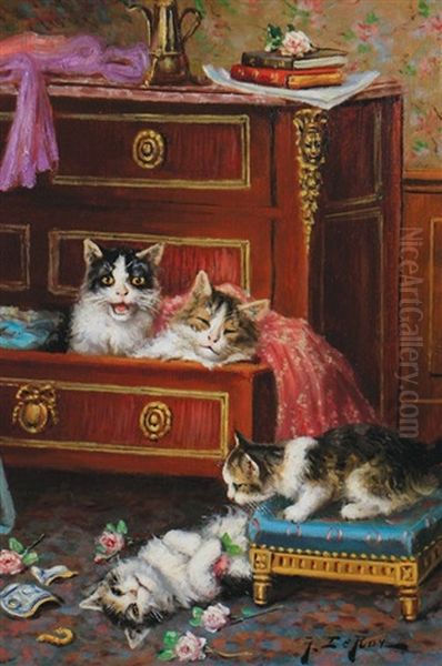 Kittens Playing Oil Painting by Jules Leroy