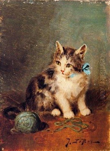 Chat Assis Au Noeud Bleu, A Cote D'une Pelote De Laine Oil Painting by Jules Leroy