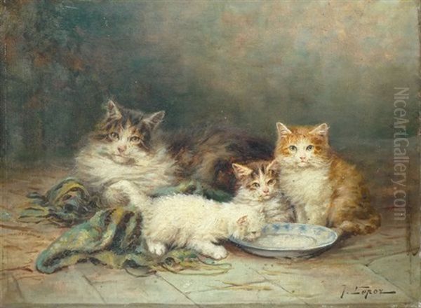 Chatte Et Chatons A La Coupe De Lait Oil Painting by Jules Leroy